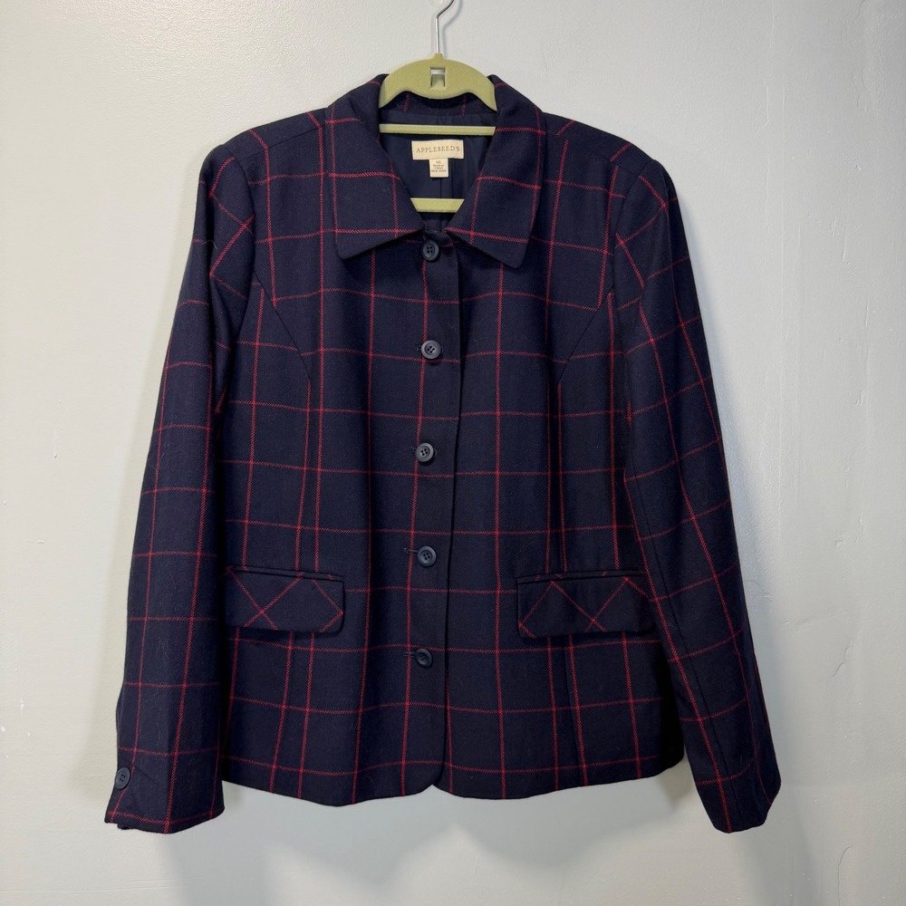 Appleseeds Navy Blue Red Plaid Wool Blend Button Front Blazer Jacket Size 16